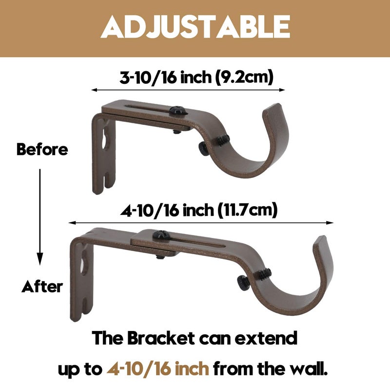 AddGrace Adjustable Curtain Rod Bracket Fits up to 1 inch Curtain Rod Sturdy Premium Brackets for Wall Set of 6 Brown - Image 3